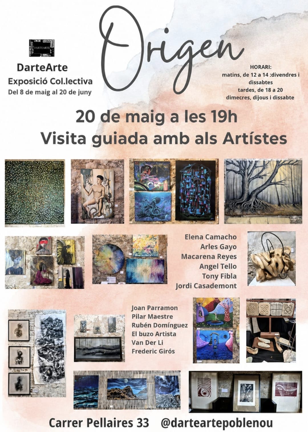 El pròxim 20 de maig a les 19h t’esperem a Origen, l’exposició col·lectiva de DarteArte.

Una visita guiada molt especial on podràs conèixer els artistes, descobrir les històries darrere de cada obra i deixar-te inspirar per un recorregut ple d’emoció, creativitat i mirades úniques. 🎨🖤

Vine a compartir art, conversa i sensibilitat en un espai viu i ple d’ànima.

📍 Carrer Pellaires 33
📅 20 de maig
🕖 19h

T’hi esperem!