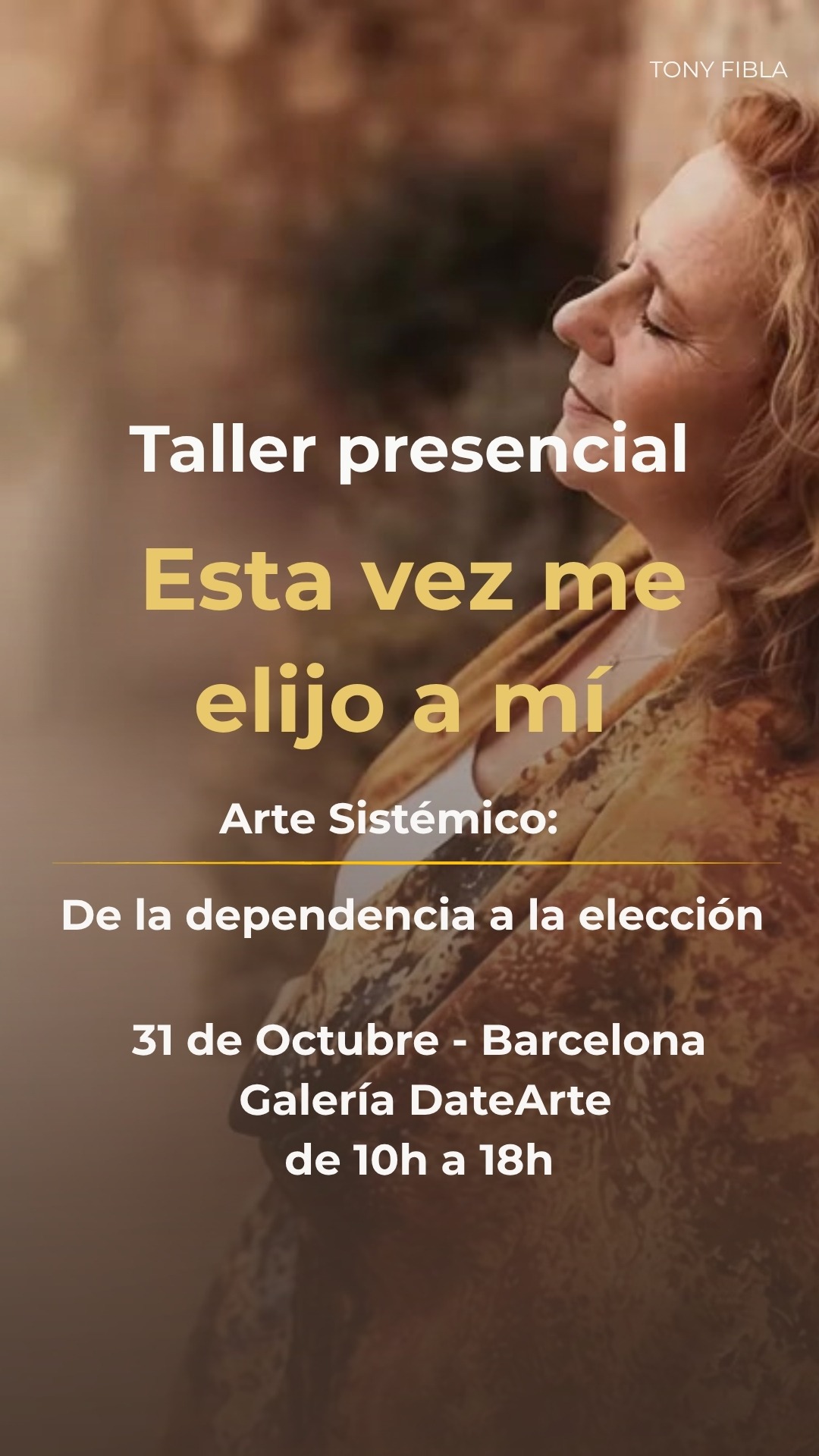 **¿Y si esta vez la persona que vas a descubrir eres tú?**

Dentro de ti conviven muchas formas de amar, protegerte, luchar, crear y relacionarte. Algunas han perdido fuerza. Otras están esperando su momento.

En este taller vivencial de **Arte Sistémico** exploraremos las siete diosas y las cuatro fuerzas internas: **la Guerrera, la Mercader, la Sacerdotisa y la Creadora.**

A través de la pintura, el cuerpo, el juego y las constelaciones, descubriremos nuevas maneras de mirarnos, relacionarnos y elegir.

🎨 No necesitas saber pintar. Solo curiosidad por descubrirte.

**ESTA VEZ ME ELIJO A MÍ**
Un taller para dejar de vivir únicamente desde tu historia y empezar a crear una nueva.

📅 Sábado 31 de octubre · 10:00 a 18:00 h 
📍 Galería DarteArte · Poblenou, Barcelona 
💫 150 € · Materiales incluidos 
✨ Abierto a mujeres y hombres · Plazas limitadas

**Escríbeme para reservar tu plaza.**

#ArteSistémico #EstaVezMeElijoAMí #Autoconocimiento #ConstelacionesFamiliares #Barcelona